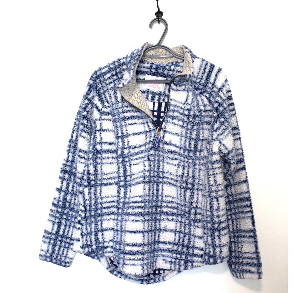 Cozy Sherpa Blue White Plaid Quarter Zip Fleece Pullover Sweater XL